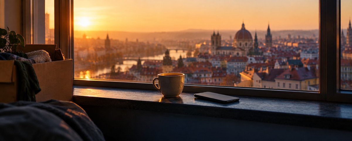 A coffee cup and a phone on a window sill above an unfamiliar city at sunrise, beside a half-unpacked box