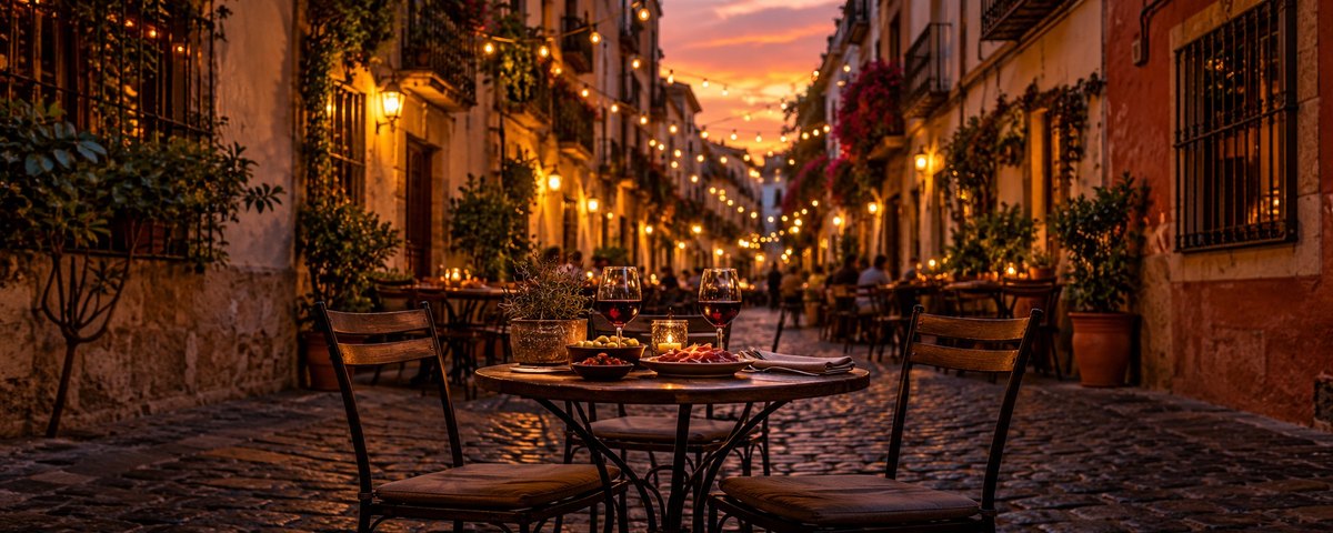 Terrace tables set with wine and small plates on a narrow old-town street in Spain at dusk