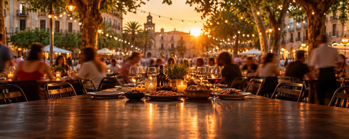 A long communal table set for a shared meal on a busy terrace at golden hour