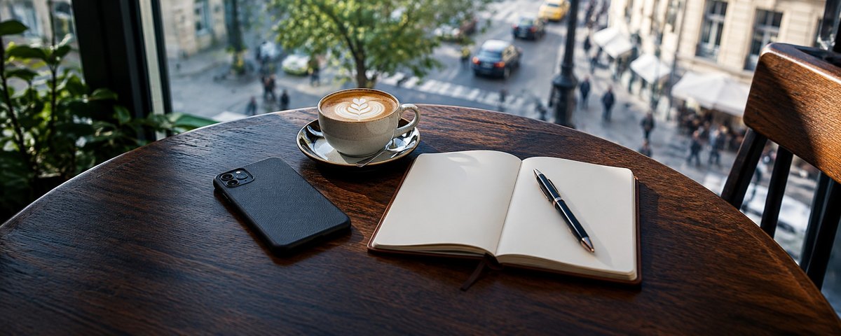 A phone face down beside an open notebook and a coffee on a cafe table overlooking a street
