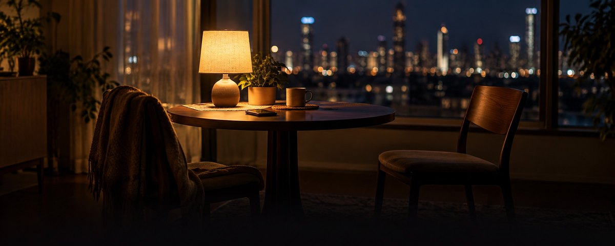 A quiet room at night with a lamp, a small table and an empty chair, city lights beyond the window