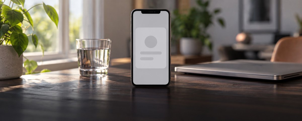 A phone standing on a desk showing a blank profile placeholder, beside a closed laptop in daylight