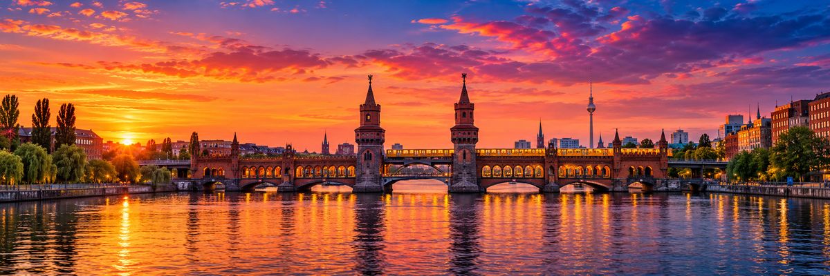 The Oberbaum Bridge over the Spree in Berlin at sunset