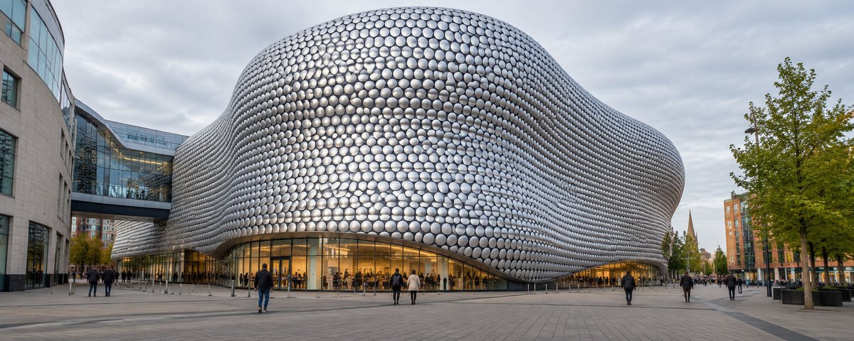 The disc-clad curved facade of a modern department store in Birmingham, England, seen from the pedestrian plaza on an overcast morning