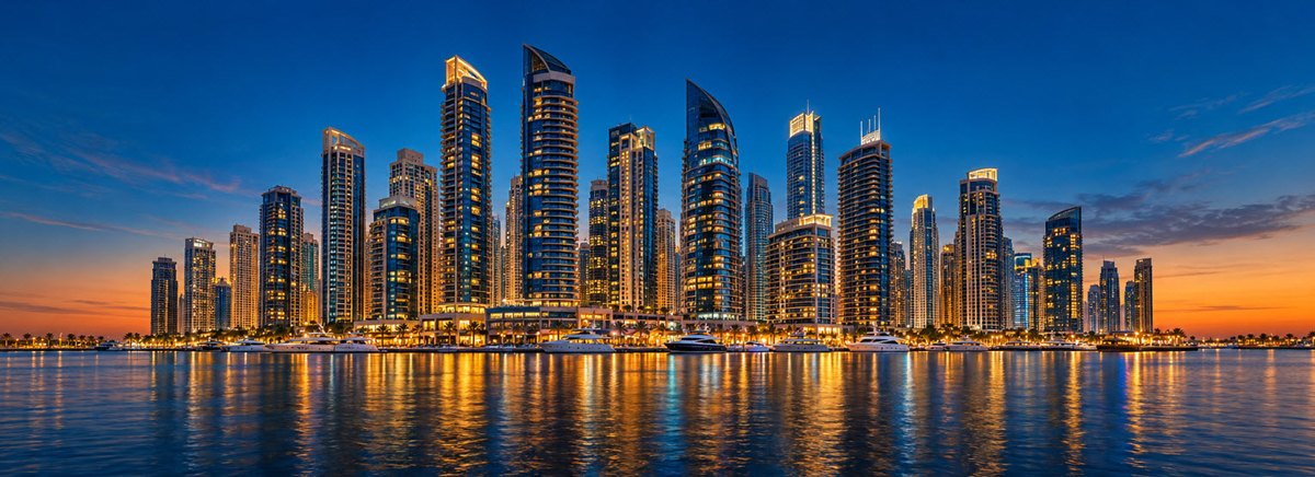 The illuminated towers of Dubai Marina reflected in the water at dusk