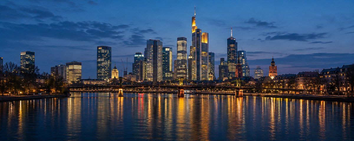 The skyline of Frankfurt, Germany, across the river Main at blue hour, with a footbridge and the lights reflected in the water