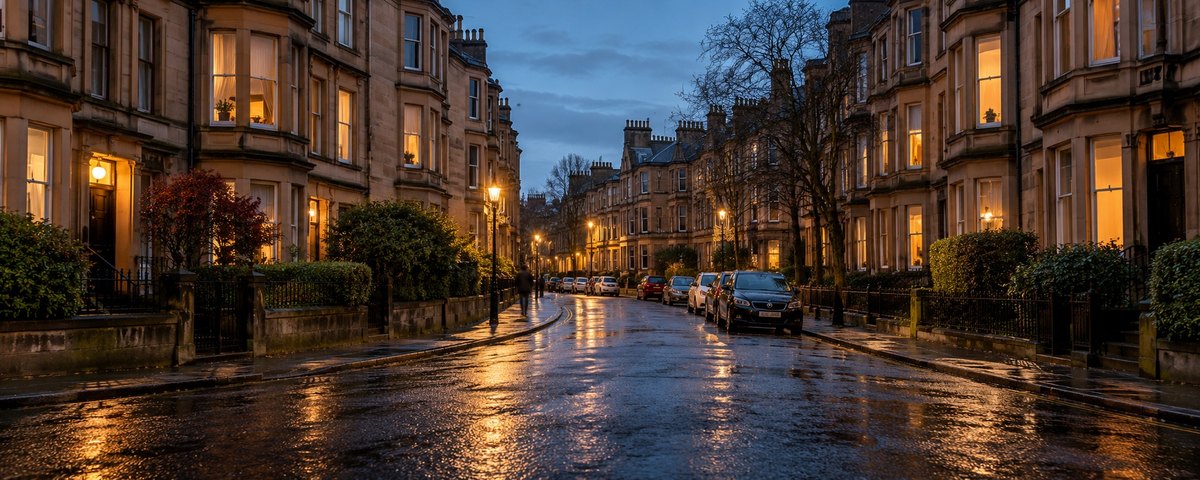 A street of Victorian sandstone tenements with bay windows in the West End of Glasgow, Scotland, wet after rain at early evening with lit windows