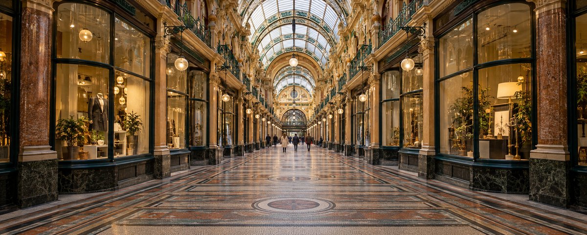The interior of an ornate Victorian shopping arcade in Leeds, England, with a curved glass and ironwork roof and a mosaic tiled floor
