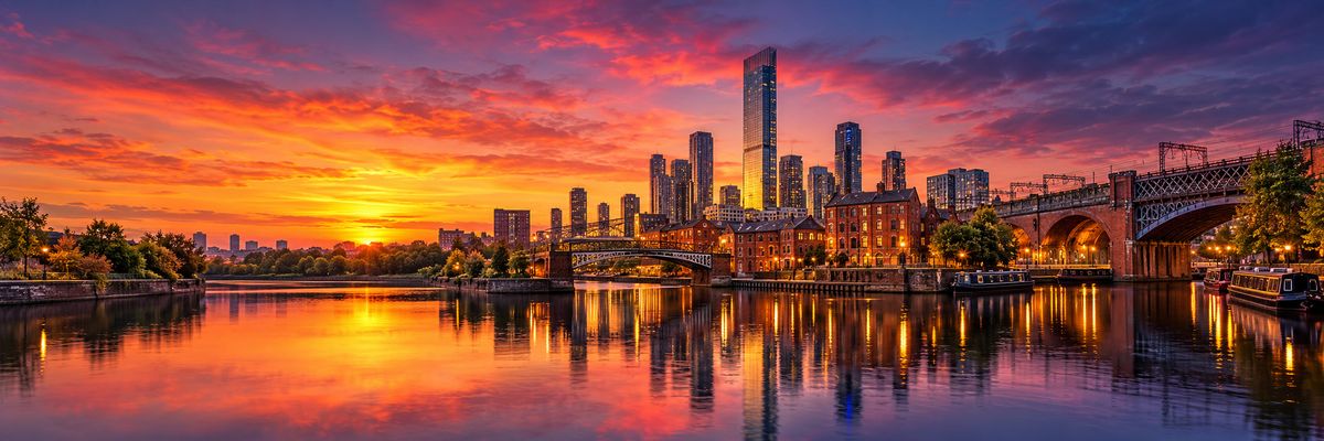 The Castlefield canals and the Manchester skyline at sunset
