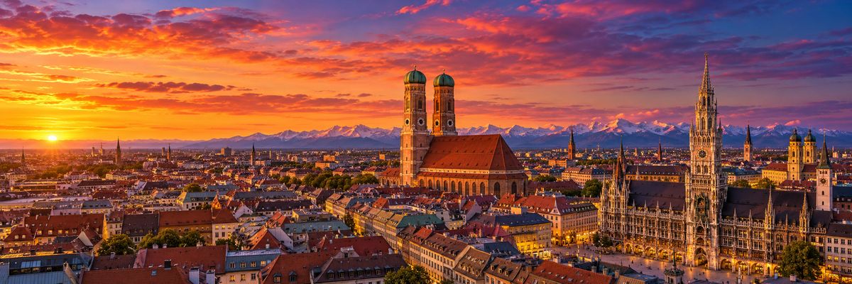 The Frauenkirche and the rooftops of Munich at sunset