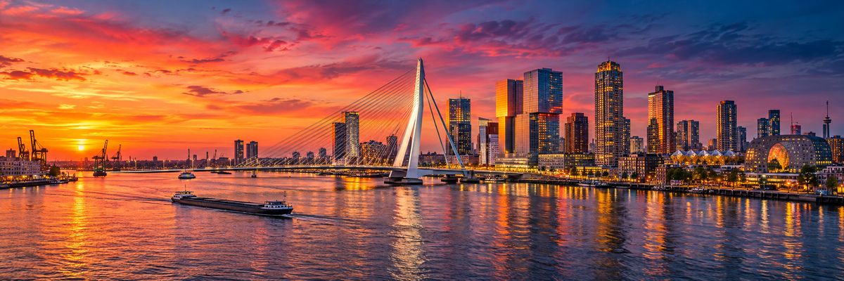 The Erasmus Bridge and the Rotterdam skyline at sunset