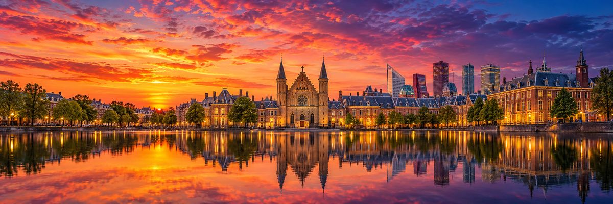 The Binnenhof reflected in the Hofvijver in The Hague at sunset