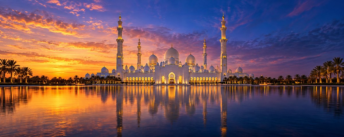 A domed mosque reflected in still water at sunset in the United Arab Emirates