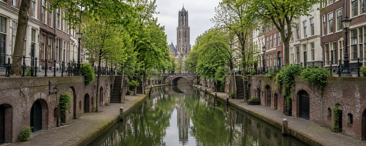 The old canal in Utrecht, the Netherlands, with its lower wharf walkway and brick cellar arches at water level and the Dom tower in the distance